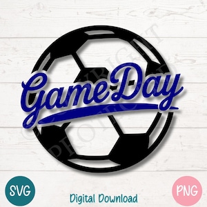 Bola de futebol do dia do jogo SVG PNG, clipart de fonte de script esportivo, arquivo de corte de espírito de equipe de futebol para Cricut, silhueta, sublimação, gravação a laser