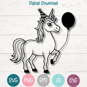 Puede incluir: Un dibujo lineal en blanco y negro de un unicornio con un gorro de fiesta y un globo negro. Las palabras "Digital Download" están en la parte superior. Debajo del unicornio están las letras SVG, PNG, EPS, AI y DXF en círculos.