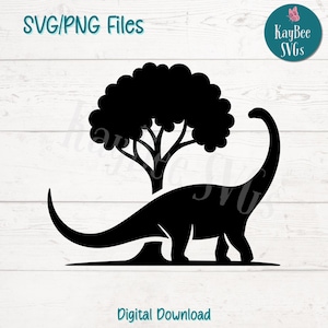Brontosaurus silhouet met boom SVG PNG dinosaurus clipart voor prehistorische ambachten | Snijbestand voor Cricut, silhouet, lasergravure en print