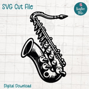 Archivo de corte SVG de saxofón para Cricut, Silhouette, descarga digital, clipart imprimible, uso comercial, clip art, contorno de plantilla láser