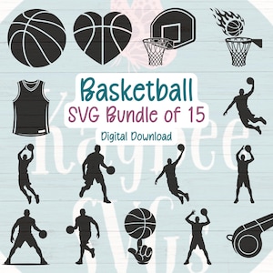 Lot de 15 fichiers SVG de basket-ball pour Cricut, téléchargement numérique silhouette, gravure laser, impression par sublimation, usage Commercial