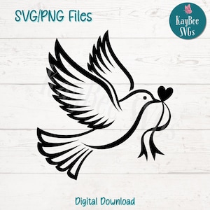 Duif met hart SVG PNG-bestanden knippen voor Cricut, silhouet digitale download, lasergravure, afdrukbare sublimatie, commercieel gebruik clipart