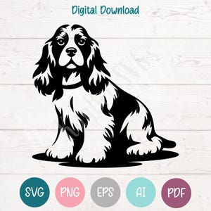 May include: A black and white illustration of a Cavalier King Charles Spaniel dog in a sitting position. The image features the text "Digital Download" and icons for various file types, set against a light wood background.