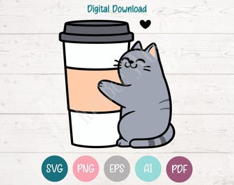 Cat Hugging Coffee SVG: Clipart Cut Files for Cricut (Digital Download)
