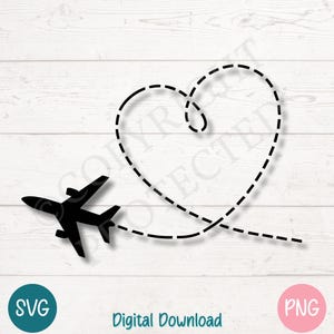 Avião Coração SVG PNG, Clipart de Amor de Trajeto de Voo, Download Digital de Aventura de Viagem, Arquivos de Corte para Cricut, Silhueta, Gravação a Laser