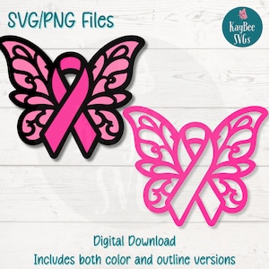 Cancer du sein ruban papillon SVG/PNG coupés fichiers pour Cricut, Silhouette, téléchargement numérique, clipart imprimable, usage commercial Clip Art