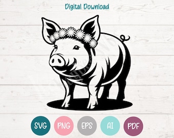 Floral Pig SVG: Clipart Cut Files for Cricut, Silhouette, Laser Engraving, Sublimation (Digital Download)