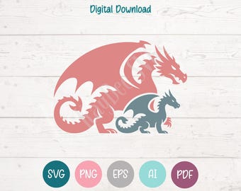 ドラゴンの母と子のSVG PNGクリップアートカットファイル（クリカット、シルエット、彫刻、昇華用）