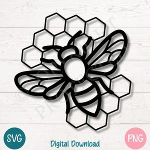 May include: Black and white line art illustration of a bee with wings spread, sitting on a honeycomb. The bee has a striped abdomen and a round head with large eyes.