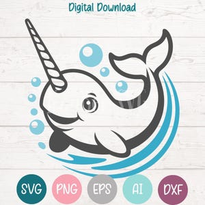 Narwhal SVG PNG Cut Files for Cricut, Silhouette Digital Download, Laser Engraving, Sublimation Printable, Commercial Use Clipart