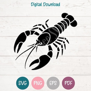 May include: A black lobster silhouette with detailed claws, legs, and antennae. The image includes the text "Digital Download" at the top and SVG, PNG, EPS, and PDF icons at the bottom. The lobster is centered on a light wood grain background.