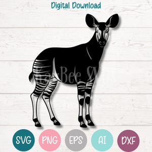 May include: A black and white illustration of an okapi. The okapi has a black body with white striped legs. The image includes the text "Digital Download" at the top and file type icons SVG, PNG, EPS, AI, and DXF at the bottom.