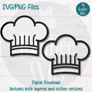 May include: Two chef hat illustrations in black and white. The image includes the text "SVG/PNG Files" and "Digital Download". The KayBee SVGs logo is in the upper right corner. Includes both layered and outline versions.
