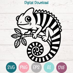 May include: A black and white digital illustration of a chameleon on a branch. The chameleon has striped markings and is surrounded by leaves. The words "Digital Download" are at the top. The image includes file type icons: SVG, PNG, EPS, AI, and DXF.