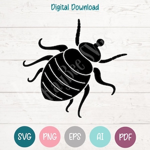 May include: A black insect silhouette with a segmented body and six legs. The image includes the text "Digital Download" at the top and file type icons at the bottom, including SVG, PNG, EPS, AI, and PDF.