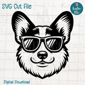Corgis Hund mit Sonnenbrille SVG PNG geschnittene Dateien für Cricut, Silhouette digitaler Download, Lasergravur, Sublimation druckbar, kommerzielle Nutzung