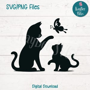 Katzen mit Schmetterling SVG PNG Süßes Tier Clipart für Natur- und Frühlingshandwerk | Schneidedatei für Cricut, Silhouette, Lasergravur, Printable
