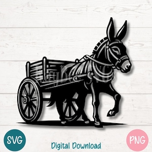 カートを引くロバ SVG 素朴な農場 PNG ビンテージ交通シルエット | Cricut、昇華、レーザー彫刻、印刷用のカットファイル