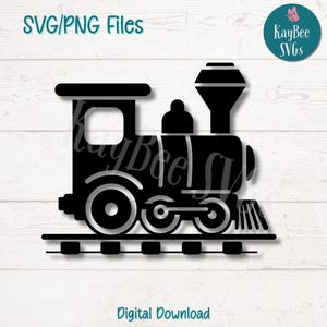 May include: Black and white silhouette of a cartoon train engine with a large chimney and three wheels. The train is on a set of tracks.