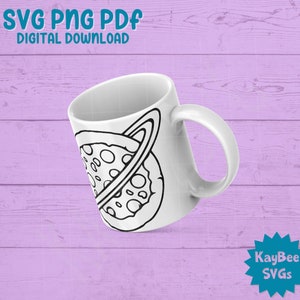 a white coffee mug with a slice of pizza on it