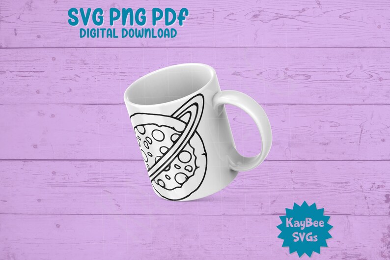 a white coffee mug with a slice of pizza on it