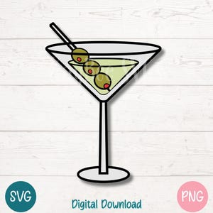 Bicchiere da Martini SVG PNG con olive Cocktail Drink Bar Decor File di taglio per Cricut, Silhouette, Sublimazione, Incisione laser, Clipart stampabile