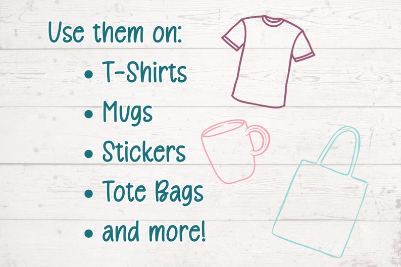 a picture of a t - shirt, mugs, tote bags and more