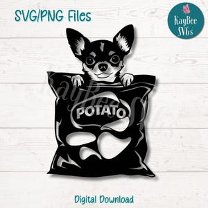 Chihuahua en bolsa de papas fritas SVG PNG Archivos de corte para Cricut, descarga digital de Silhouette, grabado láser, sublimación, imágenes prediseñadas de uso comercial