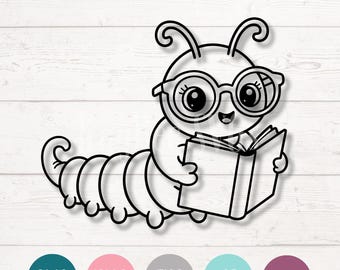 Imágenes prediseñadas SVG y PNG de una oruga lectora para Cricut, Silhouette, grabado láser y sublimación (digitales).