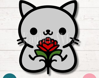 バラを持った猫のかわいいクリップアート | バレンタイン SVG PNG (デジタル)