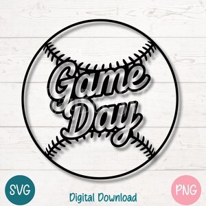 May include: Black and white graphic design of a baseball with the text "Game Day" in a stylized font.