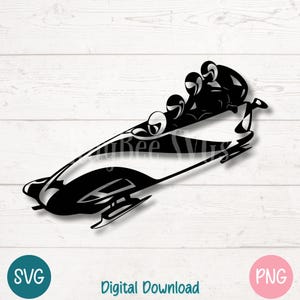 May include: Black and white silhouette of a bobsled with four athletes inside. The bobsled is angled and moving forward.