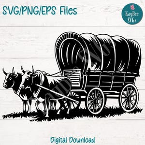 May include: Black and white silhouette of a covered wagon pulled by two oxen. The wagon has a wooden frame and a canvas top. The oxen are walking side by side, with their heads down. The image is set against a wooden background.