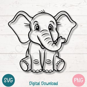 Süßer sitzender Elefant SVG | Minimalistischer Baby Elefant Umriss | Dschungel Safari Clipart | Schneidedateien für Cricut, Silhouette, Lasergravur