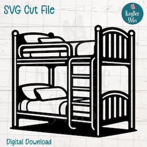 Op de afbeelding: Zwart-witte silhouet van een stapelbed met een ladder. Het bed heeft een hoofdbord en een voetbord met verticale latten. Het bovenste bed heeft een kussen en een deken.