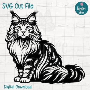 Arquivo de corte digital SVG de gato Maine Coon para Cricut, Silhouette, gravação, sublimação, arte para impressão, prensa para camisetas e canecas - uso comercial