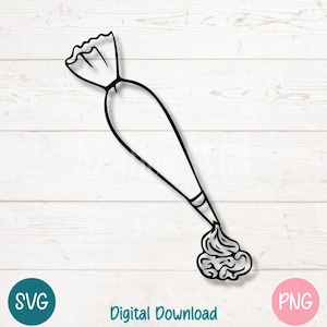 May include: Black and white line art illustration of a piping bag with frosting coming out of the tip.