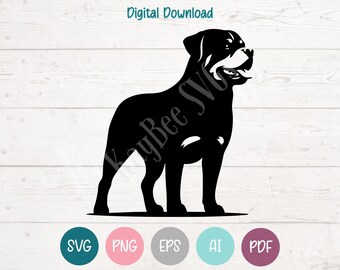 May include: Black silhouette of a Rottweiler dog in a standing pose. The image includes the text "Digital Download" at the top and various file type icons (SVG, PNG, EPS, AI, PDF) at the bottom. The dog is facing right.