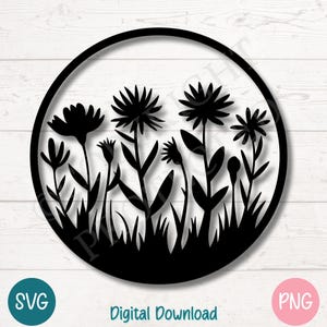 Wildflower Circle SVG PNG, bloemenkrans gesneden bestand, botanische frame silhouet voor Cricut en sublimatie, lasergravure, commercieel gebruik