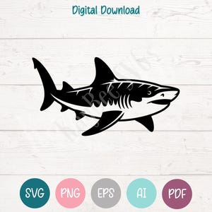 May include: A black and white shark illustration. The shark is depicted in profile, with detailed fins, gills, and teeth. The image includes the text "Digital Download" at the top and file type icons at the bottom.