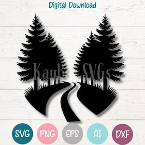 May include: Black silhouette of a forest scene with two tall pine trees framing a winding road. The image includes the text "Digital Download" at the top and SVG, PNG, EPS, AI, and DXF icons at the bottom.