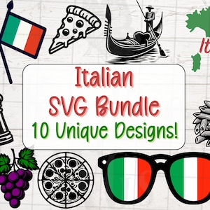 Italiaanse SVG PNG-bundel vlag, kaart en pictogrammen voor Cricut, silhouet, sublimatie, lasergravure, reizen afdrukbaar gesneden bestand
