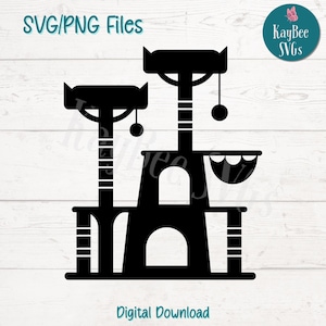 May include: Black and white silhouette of a cat tree with a hammock, two platforms, and two dangling toys. The cat tree has a tall post with a platform on top and a lower platform with a hammock. The cat tree is a digital download.