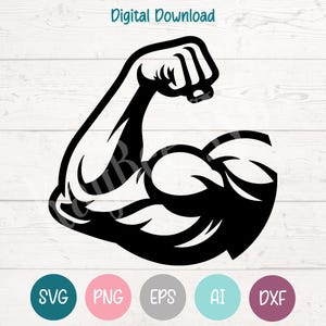 SVG de bíceps flexionado: imágenes prediseñadas para Cricut, Silhouette, grabado láser y sublimación.