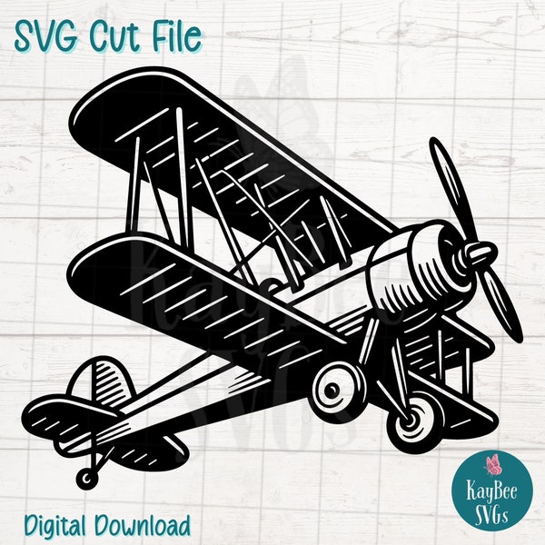 Biplane Airplane SVG Digital Cut File for Cricut, Silhouette, Engraving, Sublimation, Printable Art, T-Shirt, Mug Press - Commercial Use