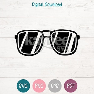 May include: Black sunglasses with a thick frame, a digital download graphic. The sunglasses are a simple, bold design with white highlights. The image includes the text "Digital Download" at the top and the file type icons SVG, PNG, EPS, and PDF at the bottom.