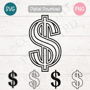 Signo de dólar SVG PNG, símbolo de dinero, imágenes prediseñadas, finanzas y divisas, descarga digital / archivos de corte para Cricut, Silhouette, grabado láser