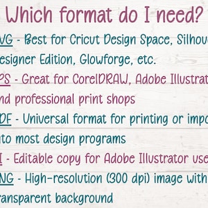 May include: A graphic with the question "Which format do I need?" and a list of file formats: SVG, EPS, PDF, AI, and PNG. Each format is described with its best use, such as Cricut Design Space for SVG and Adobe Illustrator for AI.