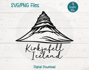Op de afbeelding: Zwart-witte lijntekening van de Kirkjufell-berg in IJsland. De berg is afgebeeld als een hoge, puntige piek met een reeks richels en valleien. De tekst "Kirkjufell Iceland" staat onder de berg.