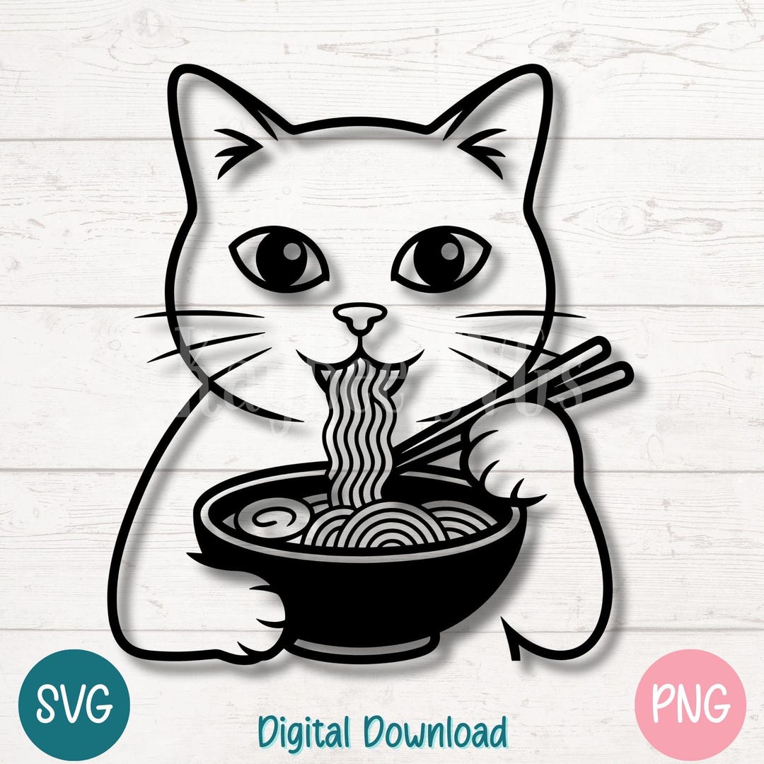 Cat Eating Ramen SVG PNG Silhouette for Kawaii Food Lovers and Funny ...